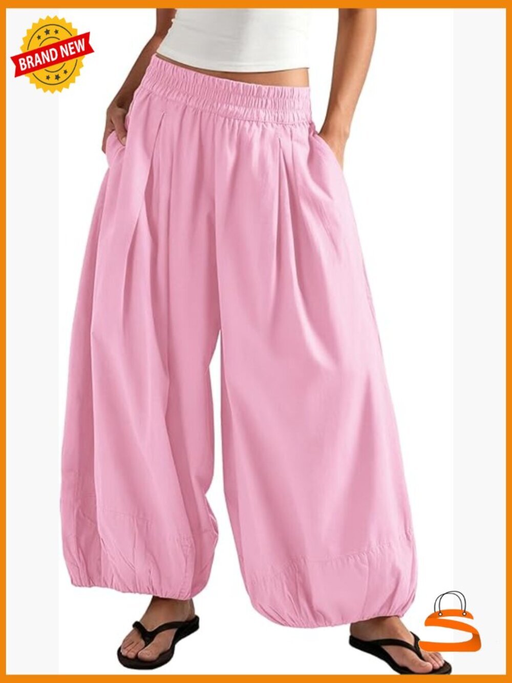 Elastic High Waist Wide Leg Barrel Pants Flowy Balloon Trousers Summer Beach